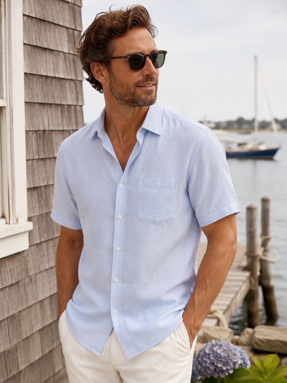 Brooks Brothers Pale Blue Linen Short-Sleeve Button-Up Dress Shirt S